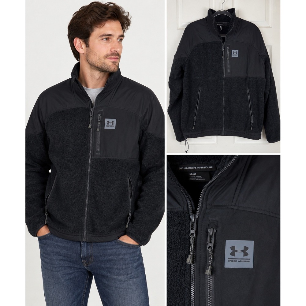 Under Armour Fleece Jacket Mens M Black Full Zip Mixed Media Outdoor Gorpcore